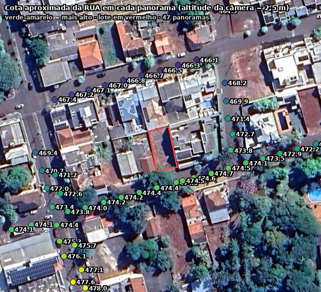Mapa de satélite da quadra com pontos coloridos nas ruas mostrando a cota de cada panorama do Street View, de 466 a 478 m
