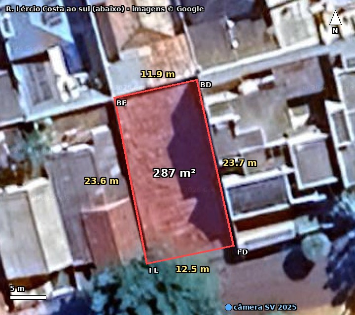 Imagem de satélite com o polígono do lote em vermelho, medidas dos lados e área de 287 m²